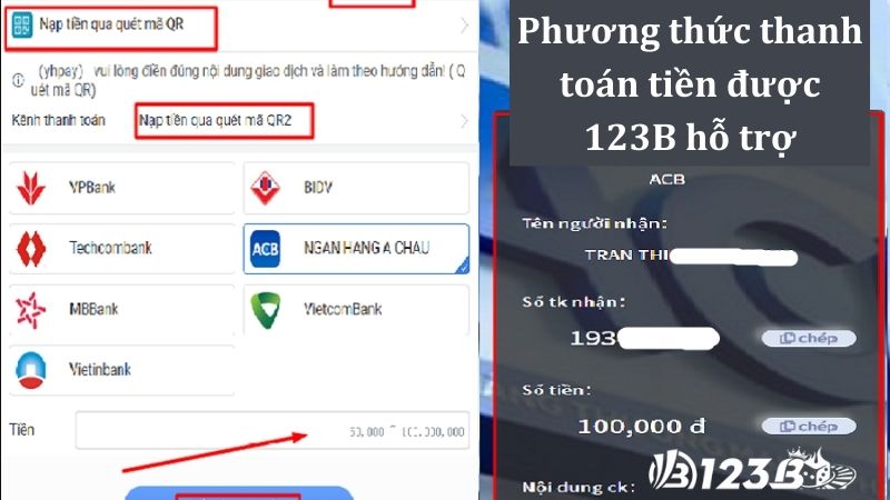 Phương thức thanh toán tiền đang được 123B hỗ trợ