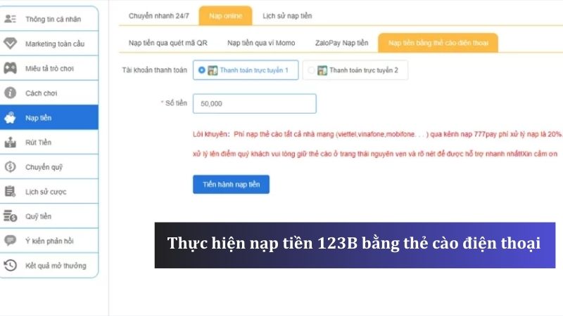 Hướng dẫn nạp tiền 123B bằng thẻ cào điện thoại