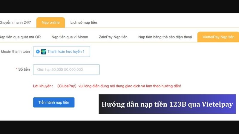 Hướng dẫn nạp tiền 123B qua Vietelpay