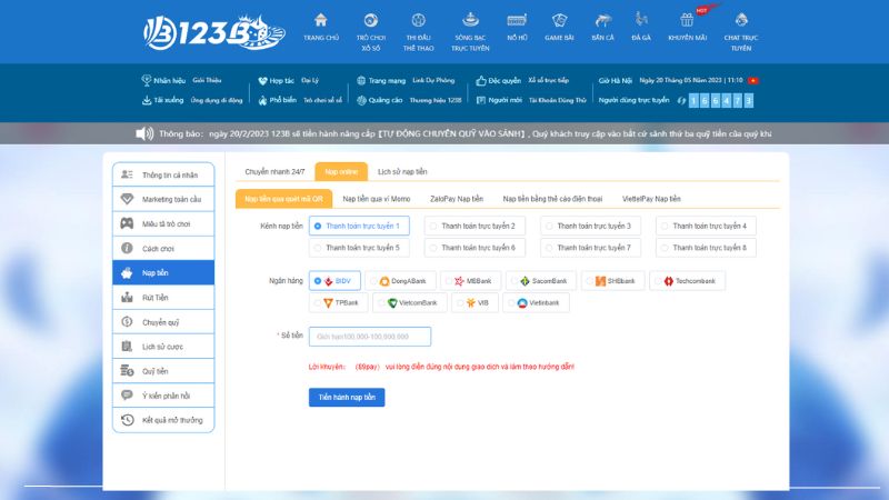 Giao dịch nạp rút tiền tại 123b tốc độ