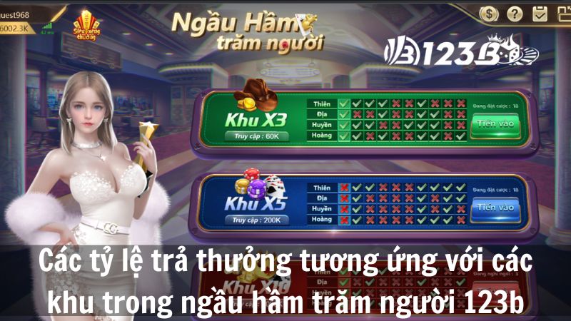 Các tỷ lệ trả thưởng tương ứng với các khu trong ngầu hầm trăm người 123b